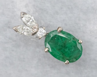 14K White Gold Emerald and Diamond Pendant Necklace, May Birthstone