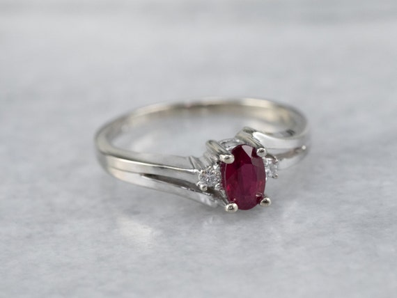 Ruby and Diamond 14K White Gold Bypass Ring, July… - image 2