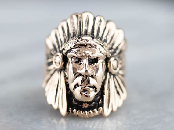 14K Yellow Gold Native American Chief Ring, Size 8 - image 2