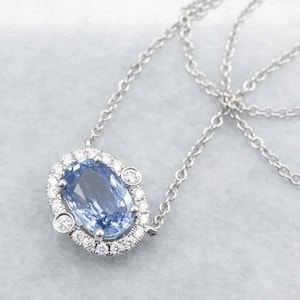 Sapphire and Diamond Necklace, Halo Pendant Necklace, Sapphire Necklace, White Gold Sapphire Necklace, Gifts for Her, Bridal Jewelry A33220