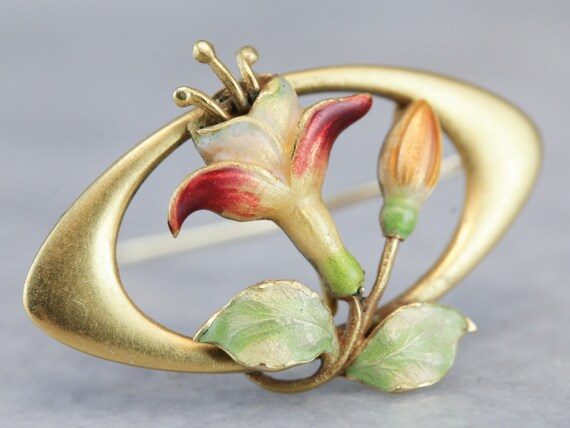 Art Nouveau Floral Pin, Antique Enamel Gold Pin, A