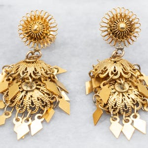 Pendientes colgantes vintage de oro amarillo, pendientes de filigrana, pendientes de araña, pendientes florales, regalo de aniversario, pendientes llamativos A47643