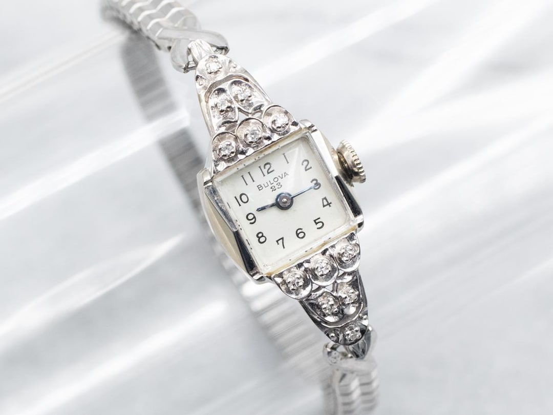Art Deco Bulova 14k White Gold and Diamond Ladies WristWatch RUNNING antique art deco Bulova 14k white gold diamonds sapphire  main image 4