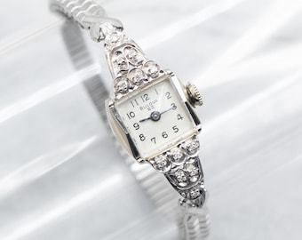 Vintage Bulova Diamond 14K White Gold Ladies Watch, 6 Inch