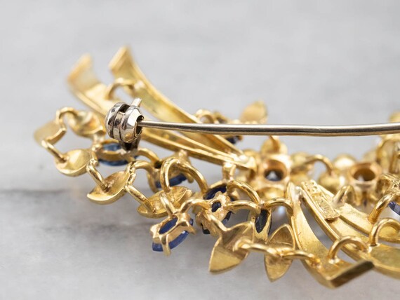Vintage Gold Marquise Sapphire and Pearl Brooch, … - image 6