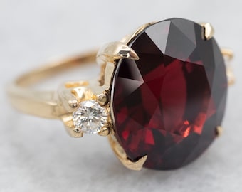 14k Yellow Gold Garnet Diamond Ring, Oval Cut, January Birthstone