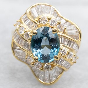Contemporary Bright Blue Topaz Cocktail Ring in Polished Yellow Gold Setting, Blue Topaz and Diamond Cocktail Ring, Topaz Halo Ring A52178