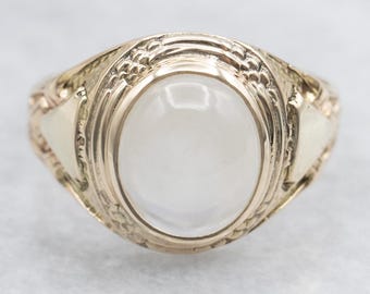 Anello vintage in oro giallo 10 carati con pietra di luna, solitario retrò