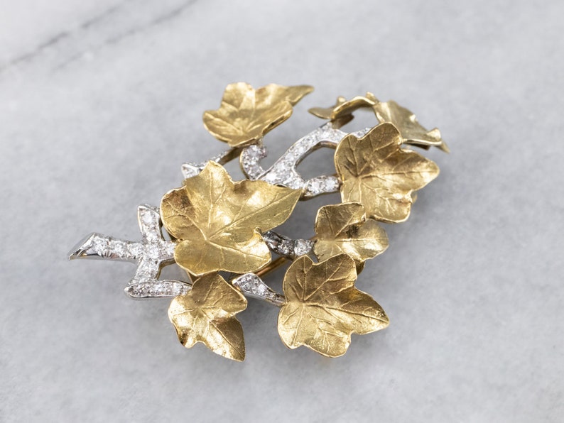 Tiffany Diamond Platinum and Gold Ivy Brooch, Botanical Brooch, Mixed Metal Brooch, Bridal Pin, April Birthstone, Gift for Her 79MHKR13 image 2