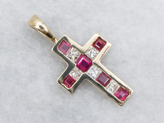 14K Yellow Gold Ruby and Diamond Cross Pendant - image 1