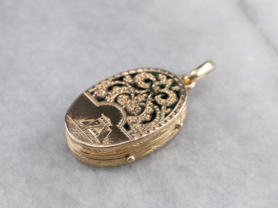 Victorian Revival Locket Pendant, Enamel Gold Loc… - image 1