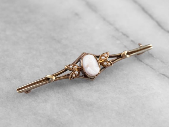 Victorian Cameo Seed Pearl Gold Brooch, Rose Gold… - image 1