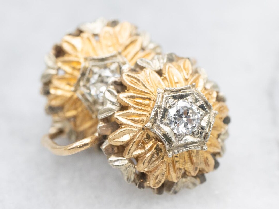 Ornate Diamond and Fine Gold Floral Earrings, Diamond Drop