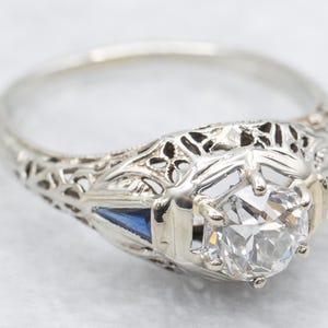 Art Deco European Cut Diamond Engagement Ring with Synthetic Sapphire Accents, Antique Diamond Engagement Ring, Estate Engagement A62583
