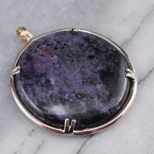 Large Charoite Statement Pendant, Sterling Silver & 14K Gold