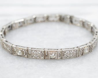 Art Deco European Cut Diamond Bracelet, 14K White Gold Filigree