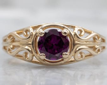 Rhodolite Garnet Scrolling Gold Solitaire Ring