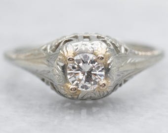 1920s Diamond Solitaire, 14K White Gold Filigree Engagement Ring