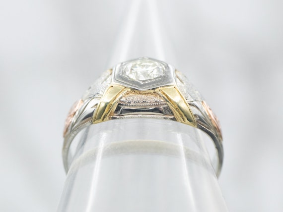 Early Retro Era Diamond Ring, Tri-Color Gold Diam… - image 3