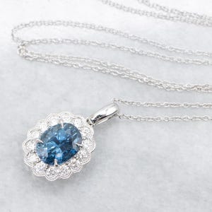 Sapphire and Diamond Necklace, Halo Pendant Necklace, Sapphire Necklace, White Gold Sapphire Necklace, Gifts for Her, Bridal Jewelry A56789
