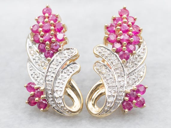 Vintage 10K Gold Ruby Diamond Earrings, Halo Dang… - image 1