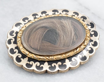 Victorian Mourning Brooch, Black Enamel, Woven Hair, 10K Gold