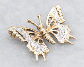 14K Two Tone Gold Diamond Butterfly Pendant
