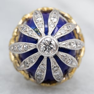 Floral Diamond Encrusted Blue Enamel Dome Cocktail Ring, Vintage Diamond Cocktail Ring, Diamond Statement Ring, A17912