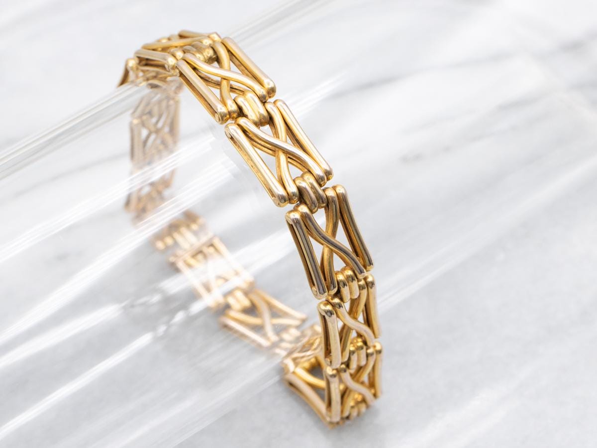 ヴィンテージブレスレット！希少ゲートリンク型。 ヴィンテージ 14K イエローゴールド ゲートリンクブレスレット、7.5