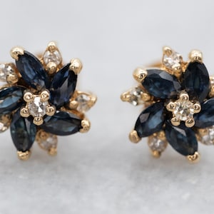Sapphire Floral Gold Stud Earrings, Sapphire Cluster Earrings, Yellow Gold Sapphire Earrings, September Birthstone, Bridal Jewelry A27398