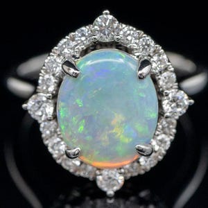 14K White Gold Opal Diamond Halo Ring, Size 6.75