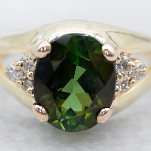 Green Tourmaline Diamond Ring, Yellow Gold Tourmaline Ring, Statement Ring, Right Hand Ring, Anniversary Ring, October Birthstone A21274
