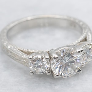 Platinum Three Stone Diamond Engagement Ring, Brilliant Diamond Ring, One Carat, Diamond Anniversary Ring, Modern Engagement Ring A65579