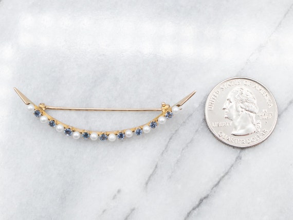 Crescent Moon Sapphire and Pearl Brooch, Yellow G… - image 5