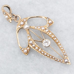 Antique Gold Diamond and Seed Pearl Lavalier Pendant, Yellow Gold Pendant, Gold Lavalier Pendant, Estate Jewelry A57353