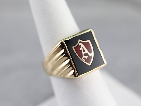 Onyx and Enamel "A" Initial Ring, Yellow Gold Sta… - image 7