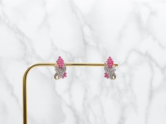Vintage 10K Gold Ruby Diamond Earrings, Halo Dang… - image 4