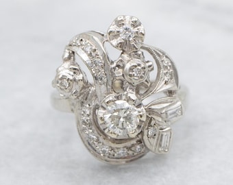 14K White Gold Diamond Cocktail Ring, Retro 1950s Cluster Ring