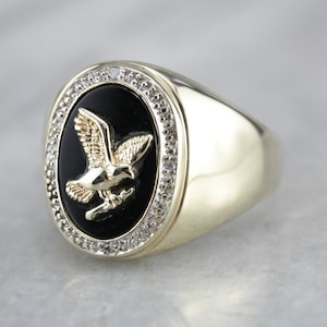 Eagle Black Onyx Gold Statement Ring, Vintage Men&#39;s Military Ring UV9WCN74-C