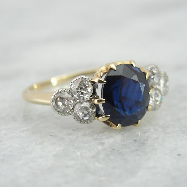 RESERVED Antique Fine Ceylon Sapphire Ring with Diamond Accents - 2J77XN-N