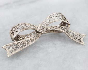 Art Deco Diamond Bow Pin, 14K White Gold Filigree Brooch