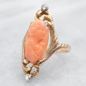 Antique Coral Cameo Ring, Art Nouveau Ring, Yellow Gold Cameo Ring, Cameo Collector, Statement Ring, Dinner Ring, Right Hand Ring A27230