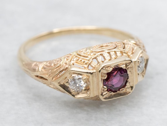 14K Yellow Gold Ruby Diamond Anniversary Ring, Si… - image 1