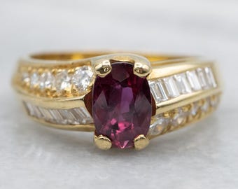 18K Yellow Gold Oval Ruby Diamond Bypass Ring