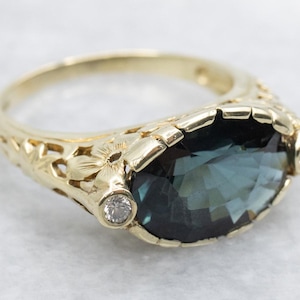 Art Nouveau Blue Indicolite Tourmaline Ring, Green Gold Tourmaline, Tourmaline Diamond East-to-West Ring, Anniversary Gift A63429