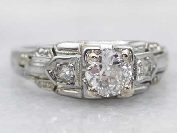 White Gold Art Deco Diamond Engagement Ring with … - image 2