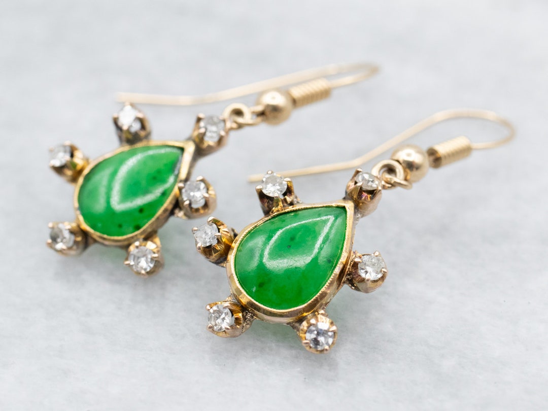Vintage Jade Drop Earrings, Jade and Yellow Gold, Jade Diamond Earrings