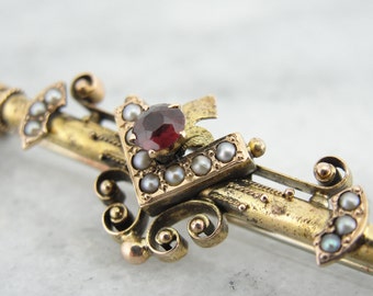 Gothic Victorian Fine Gold and Pearl Bar Pin Brooch with Garnet 85MT07-P