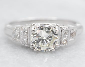 18K White Gold Diamond Engagement Ring with Stepped Shoulders