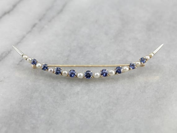 Vintage Sapphire and Pearl Brooch, Crescent Moon … - image 3